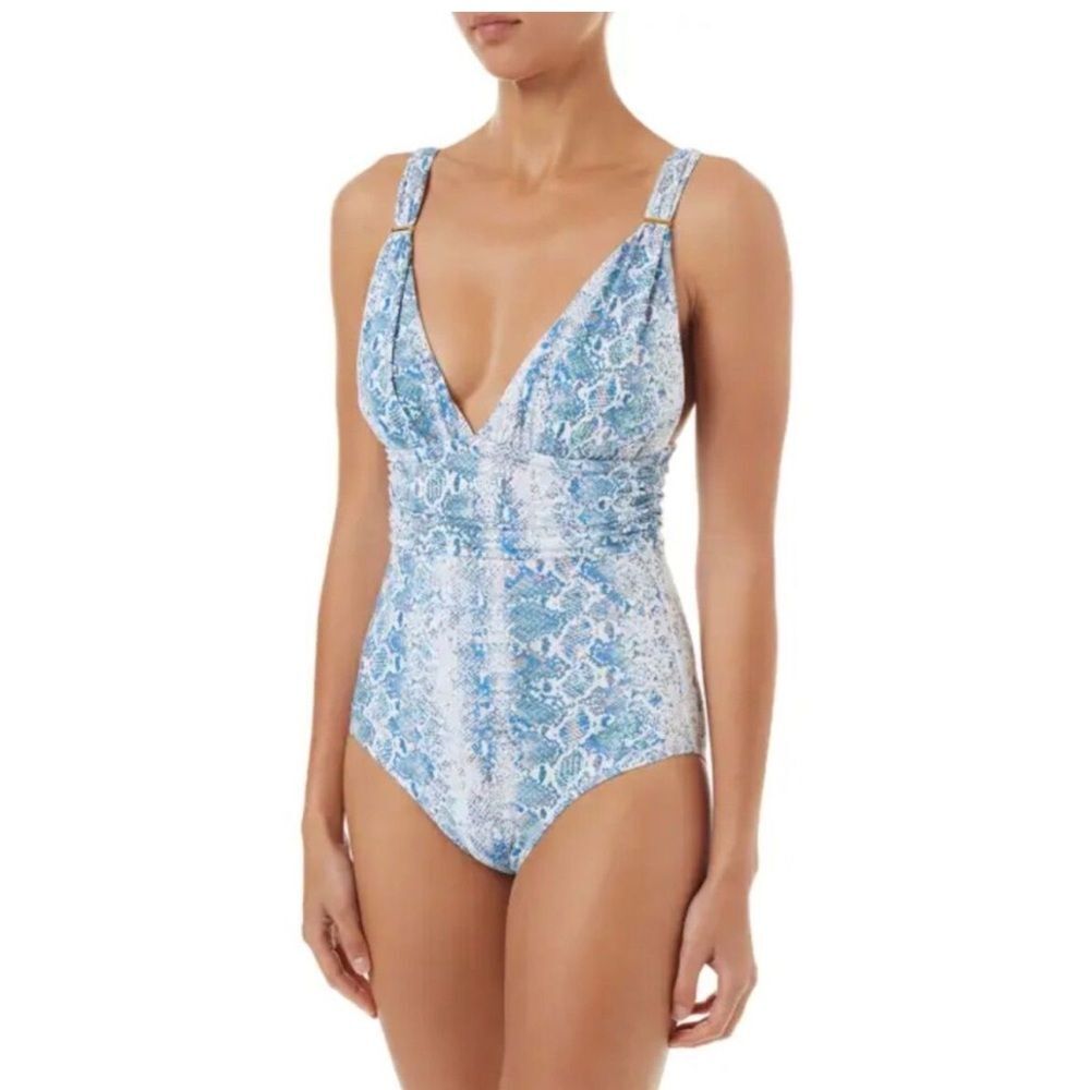 Melissa Odabash Panarea Blue Snake Print Shirred One Piece Swimsuit Sz 10